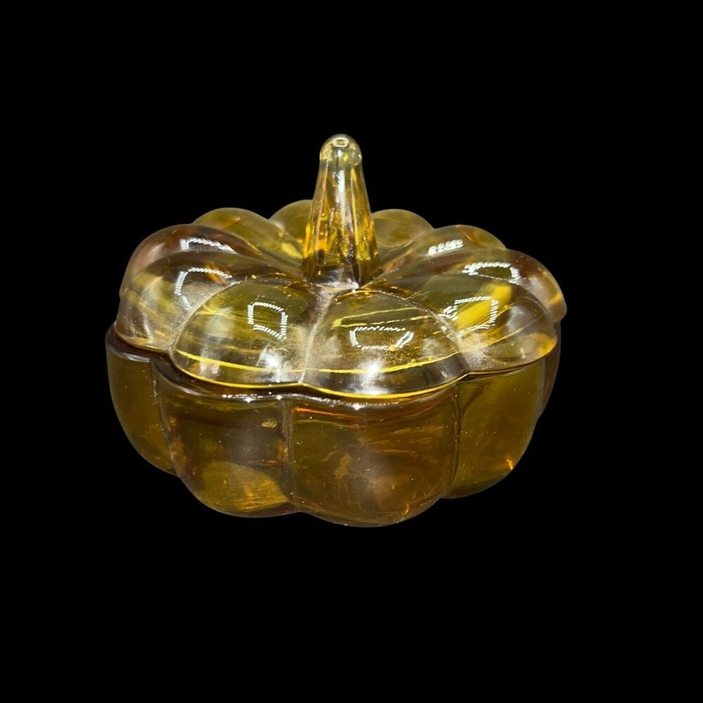 Vintage Amber Glass Pumpkin Lidded Trinket Candy Dish with Lid MCM 5 x 4 in